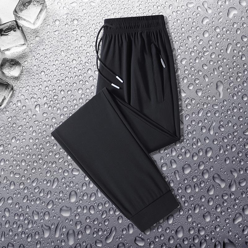 Herrenschwarze Eisenseide Gerade Bein Freizeithose Mit Kordelzug Taille