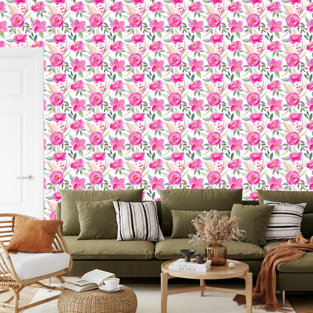 Wallpaper Flowers powder pink, white and light gray 50x1000
