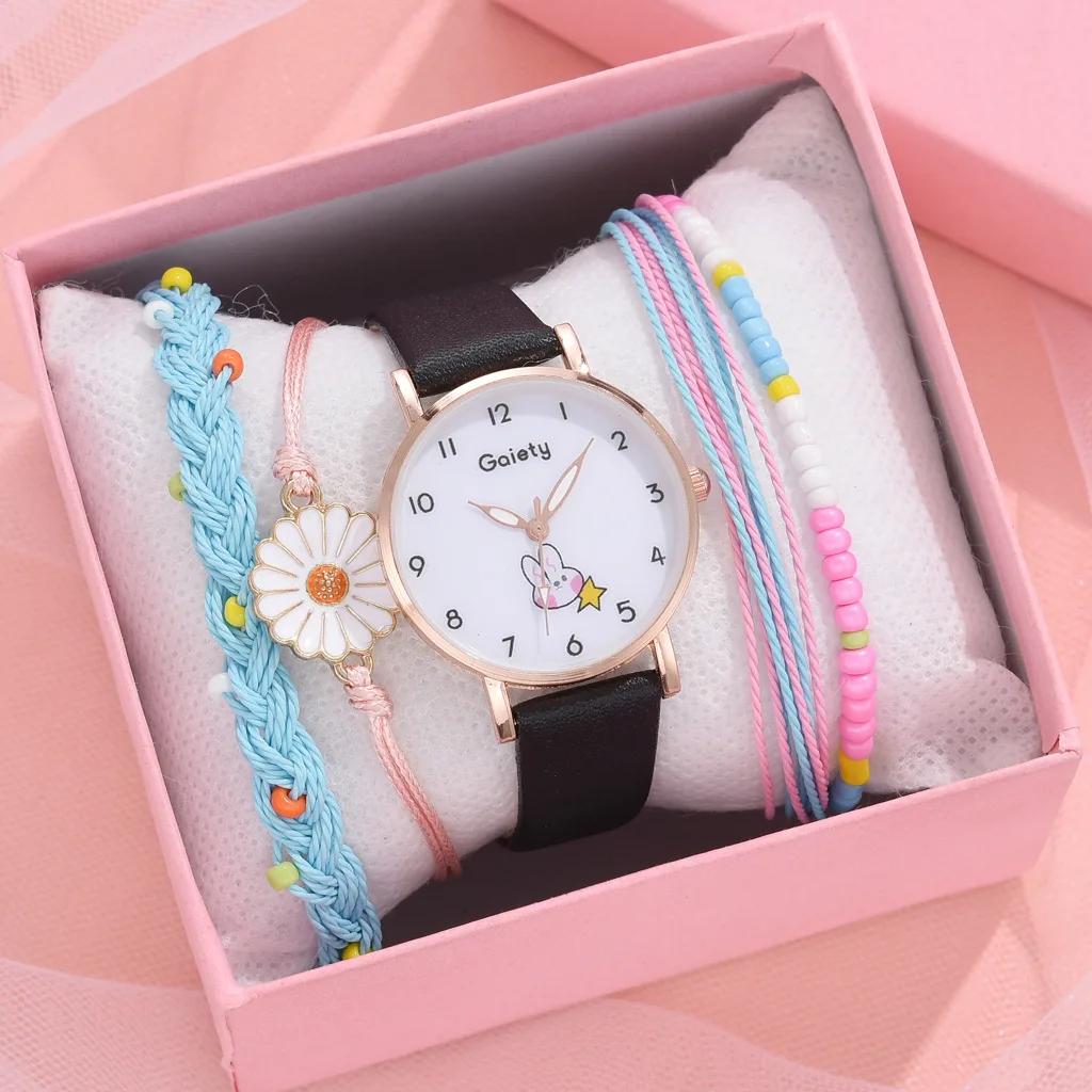 2/5 Adet Kadın Saat Bileklik Seti Deri Sevimli Tavşan Kız Çocuk Kol Saati Moda Bayan Kuvars Saat Reloj Mujer Öğrenci Hediyesi