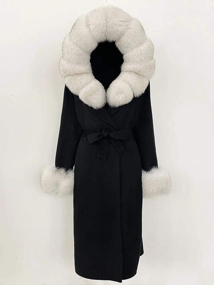 OFTBUY Winter Women Coat Real Natural Fox Fur Hooded Detachable Collar Double-faced Woolen Jacket Long Casual Elegant Overwears