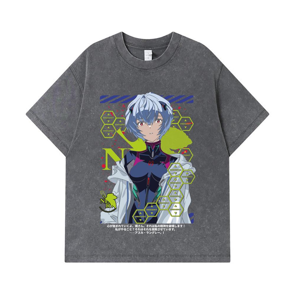 275 GSM Washed T-shirts 100% Cotton Evangelion V6 Rei Print Unisex Heavy Cotton T Shirt