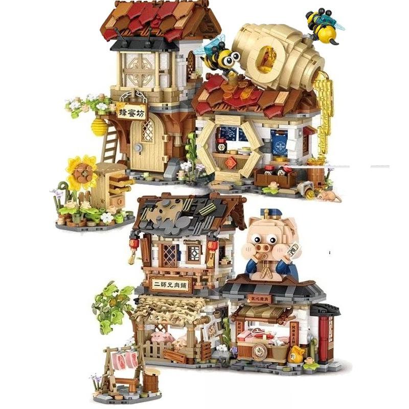 Creative Mini Street View Bee Shop Building Block Chinese Folding Pork Shop Assembly Bricks Toys Piglet Folding House Kids Gifts