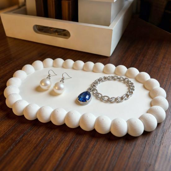 Decorative Jewelry Tray 3D Printed Small Trinket Dish with Beaded Trim Cute Ring Holder Plate for Rings Earrings Necklaces Bracelet Watch Keys