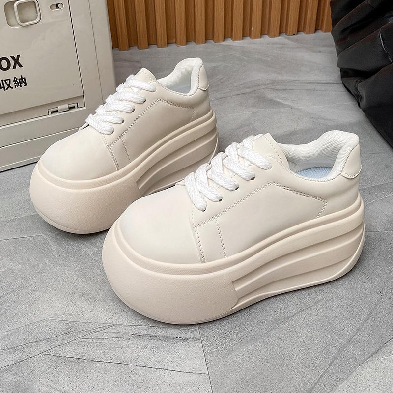 Fashion 8 CM Women's Autumn Thick Bottom Shoes Breathable Microfiber Leather Vulcanize Flat Platform Sneakers White Walking Shoes