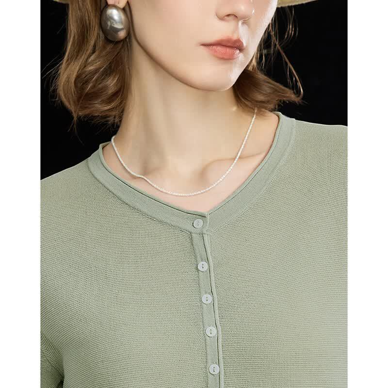 Wudao Women's Tencel Linen Blend Half-Placket Knit T-Shirt