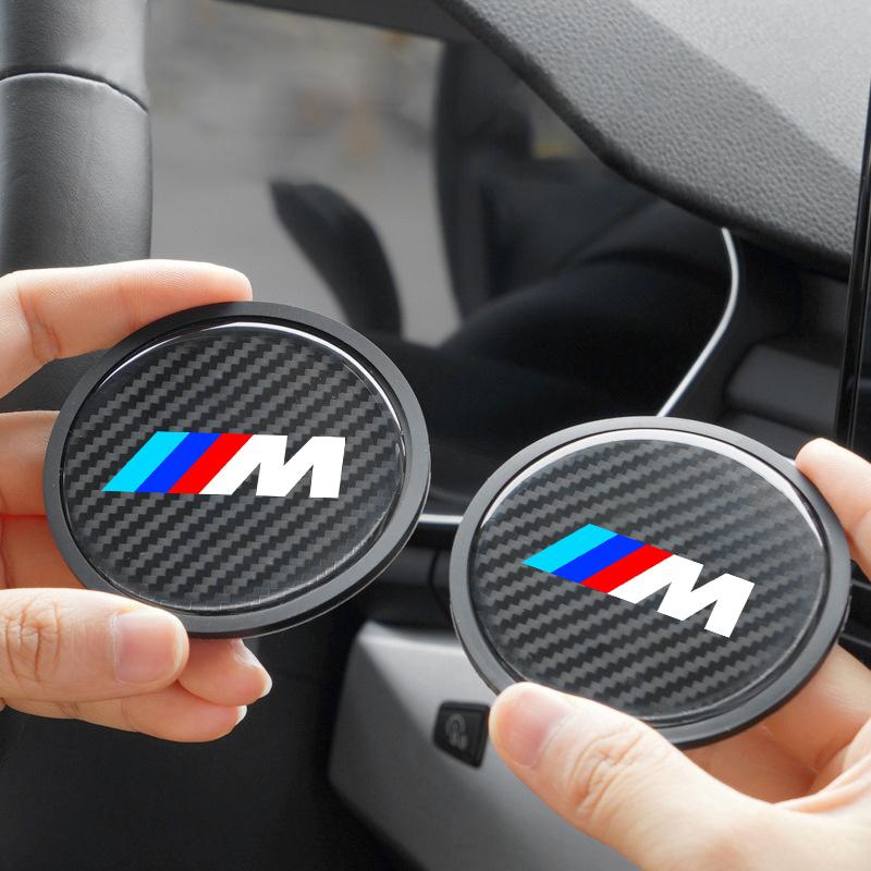 2pcs Carbon Fiber Non-slip Water Cup Mat Car Accessories Silent Coaster For BMW M Emblem E46 E36 E34 F10 E90 F30 E60 F30 E53 E30