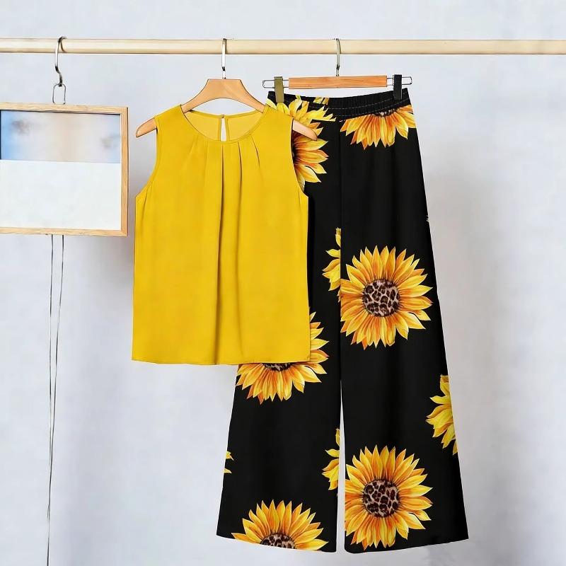 Plus Size Women's Summer Sleeveless Asymmetric Tank Top and Printed Pants Two Piece Set