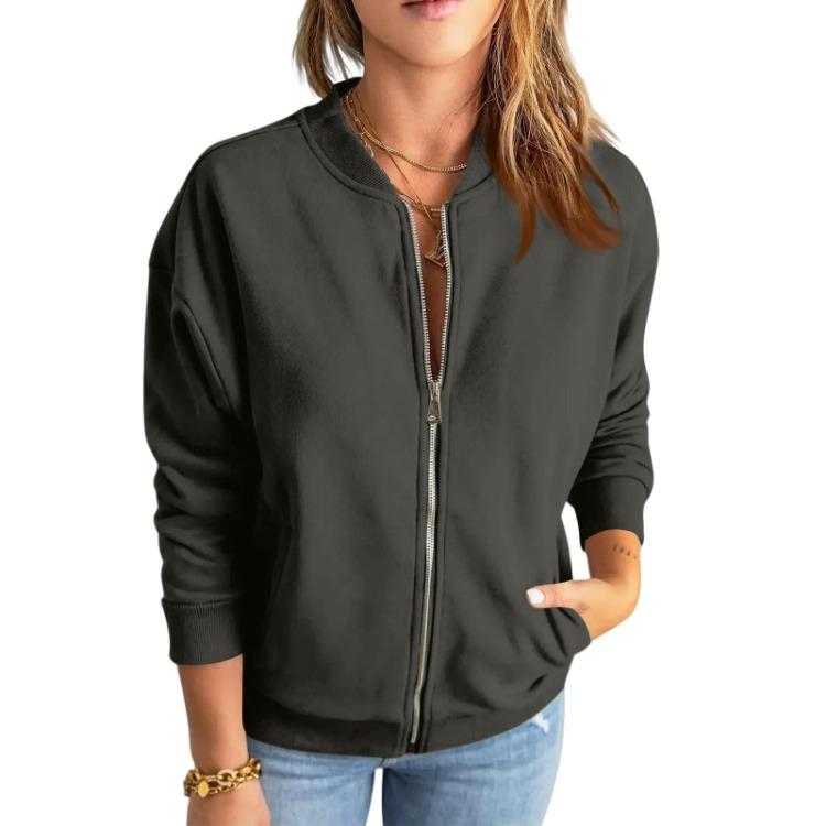 Fashionable Casual Jacket Women Solid Color Zipper Top Outerwear