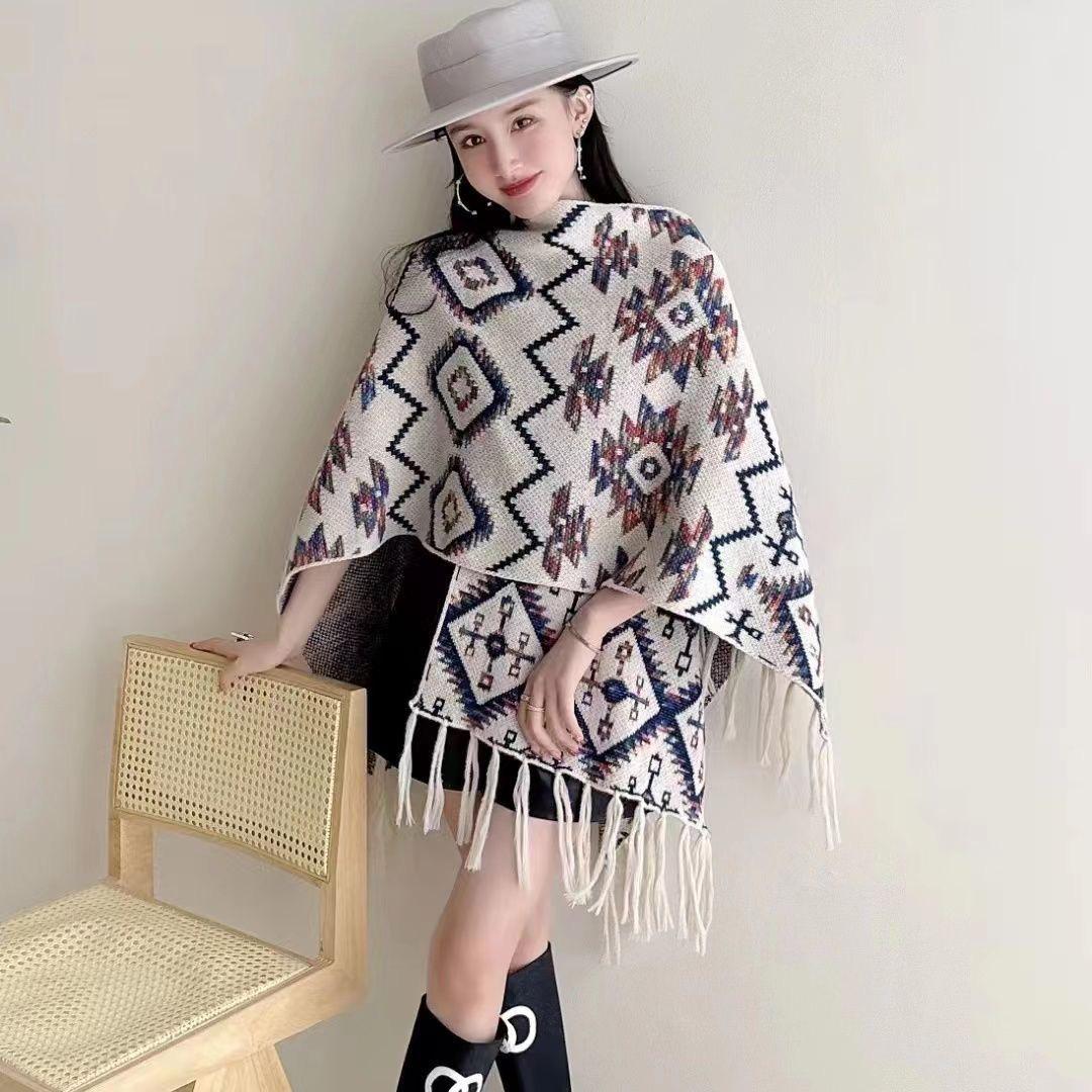 

Утолщенная этническая вязаная шаль-накидка с бахромой - Женская теплая одежда для путешествий