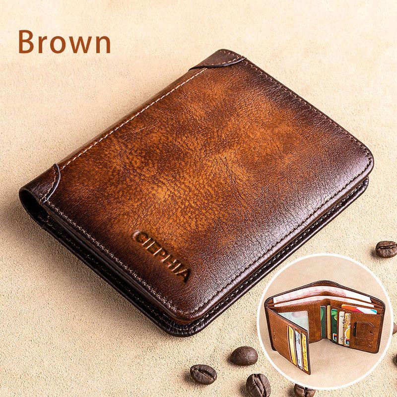 Genuine Leather  Protection Wallets for Men Vintage Thin Short Multi Function ID Credit Card Holder Money Bag