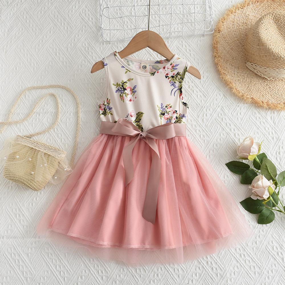 Girls Floral Mesh Splice Bow Sleeveless Vest Dress Summer Vacation Princess Dress 100cm