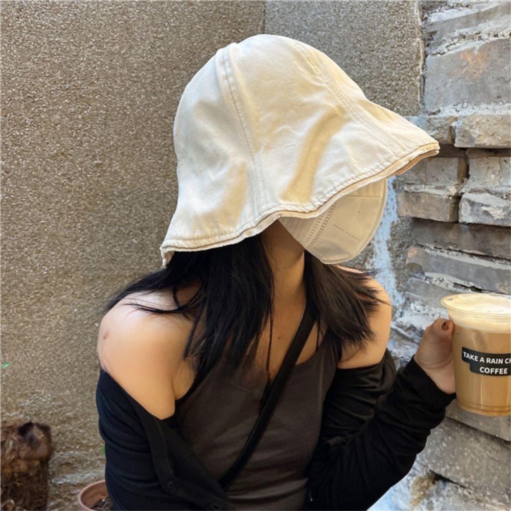 Solid Color Women's Bucket Hat Large Brim Outdoor Fisherman Hat Cotton Basin Hat  Female