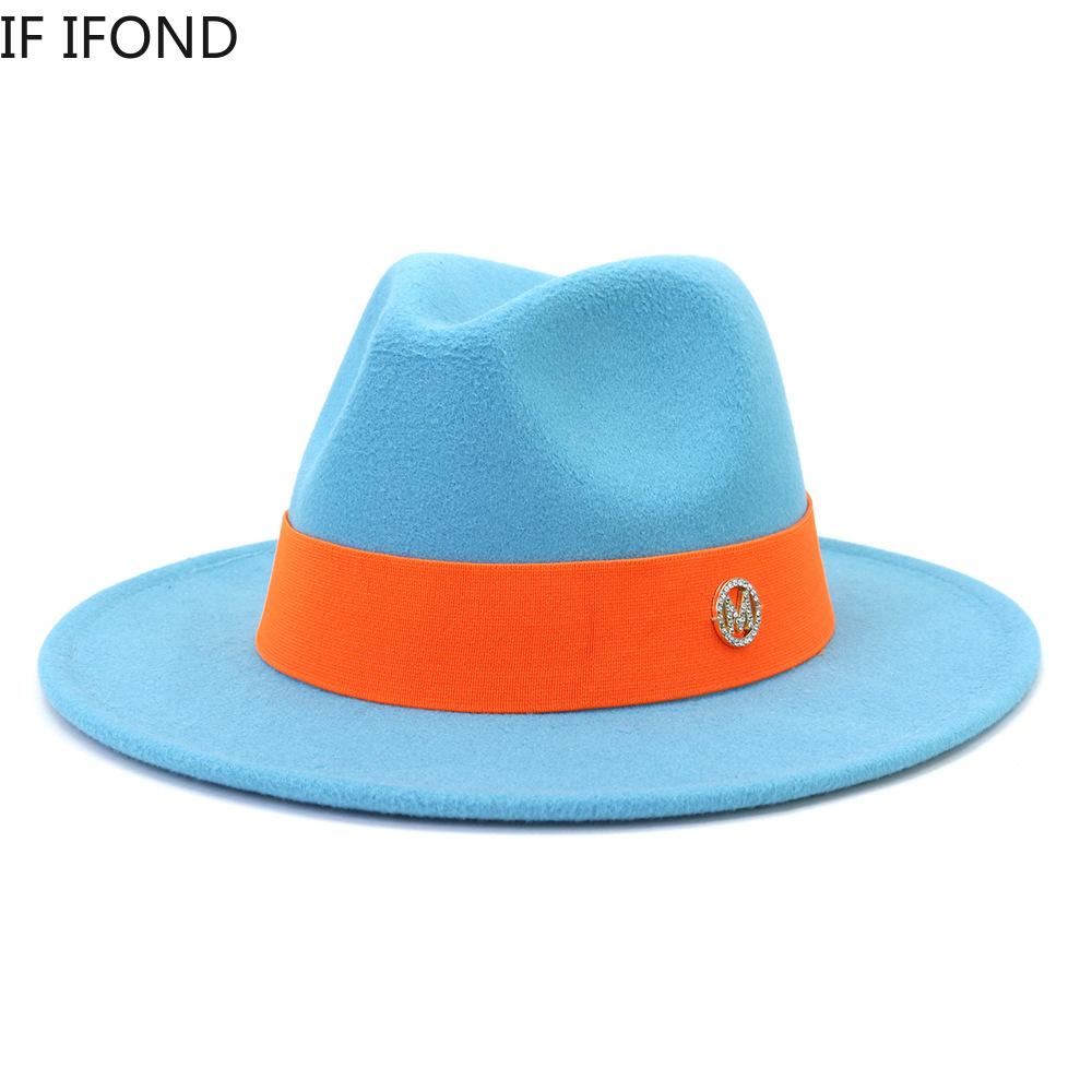 Formal Wide Brim Felt Fedora Hat Wool Ladies Party Wedding Church Hat M Letter Ribbon Panama Sombrero Jazz Cap