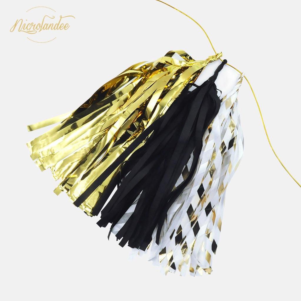 NICROLANDEE Black Gold Graduation Party Decorations, 15PCS Black Gold Tissue Paper Tassel Garland for Birthday, Wedding, Bridal Shower, Bachelorette