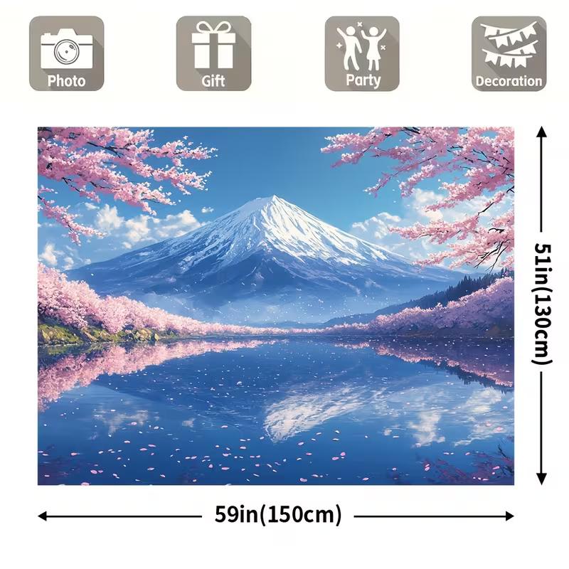 2D Japanese Cherry Blossom & Mount Fuji Photo Backdrop for Travel & Spring Events
