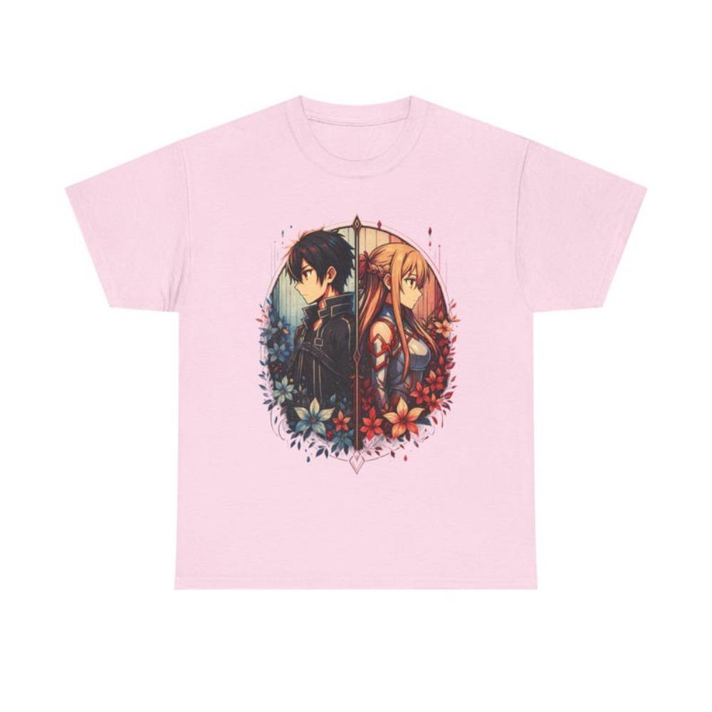 Oversized Black Short-Sleeve T-Shirt Featuring Sword Art Online Kirito & Asuna Split Portrait Floral Frame Graphic Print For SAO Fans & Anime Couples