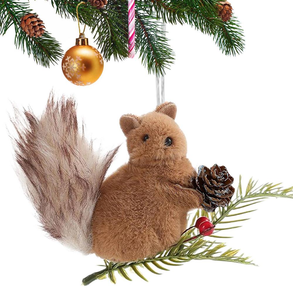 Squirrel Ornament Plush Squirrel Festive Charm Realistic Pine Cone Branches Animal Ornament For Window Outdoor Bookshelf Ceiling