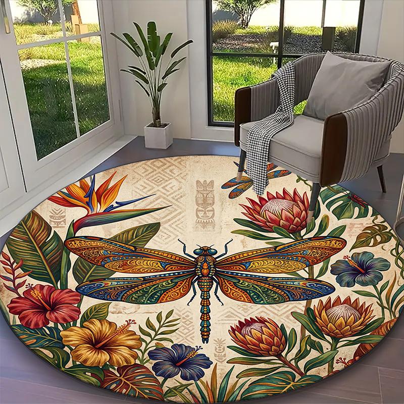 1pc Soft White Wildflower Dragonfly Garden Printed Chair Rug for Home Office Use, Living Room Kitchen Game Room Round Carpet