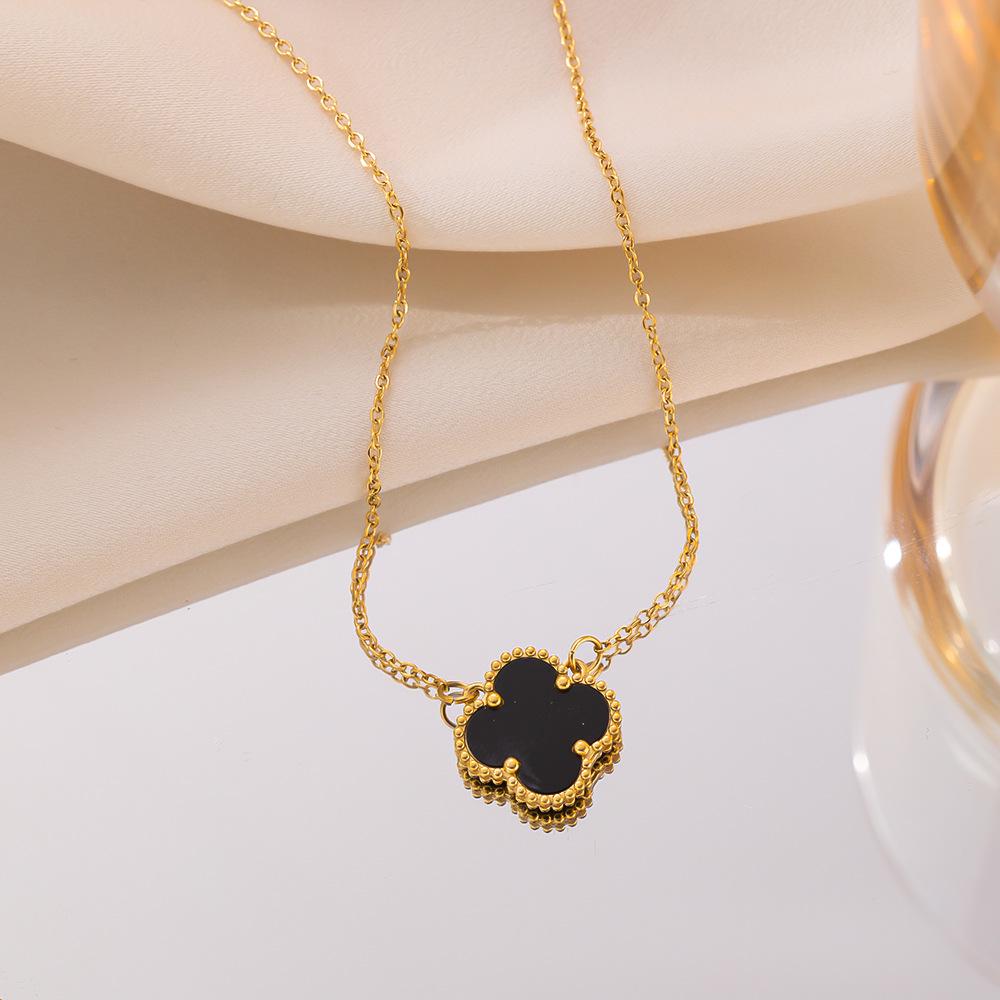 Wenjian Gold Four-Leaf Clover Double-Sided Titanium Necklace - Women's Luxury Fashion Clavicle Chain
