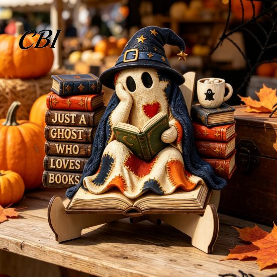 Festive Atmosphere Wood Ornaments Halloween Cute Ghost Ornament, Cartoon Wooden Statue, Theme Party Creative Ornament for Home Props Decorative Crafts
