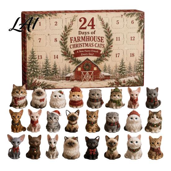 Holiday Decoration for Kids Christmas Cat Advent Calendar 24 Day Countdown with Cute Ornaments Gifts Children 2D Acrylic Kitty Decorations,