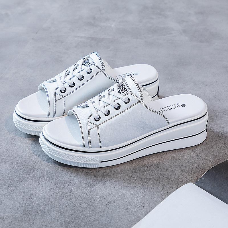 Leather slippers women's summer new fashion casual versatile open-toed fake lace-up platform slippers