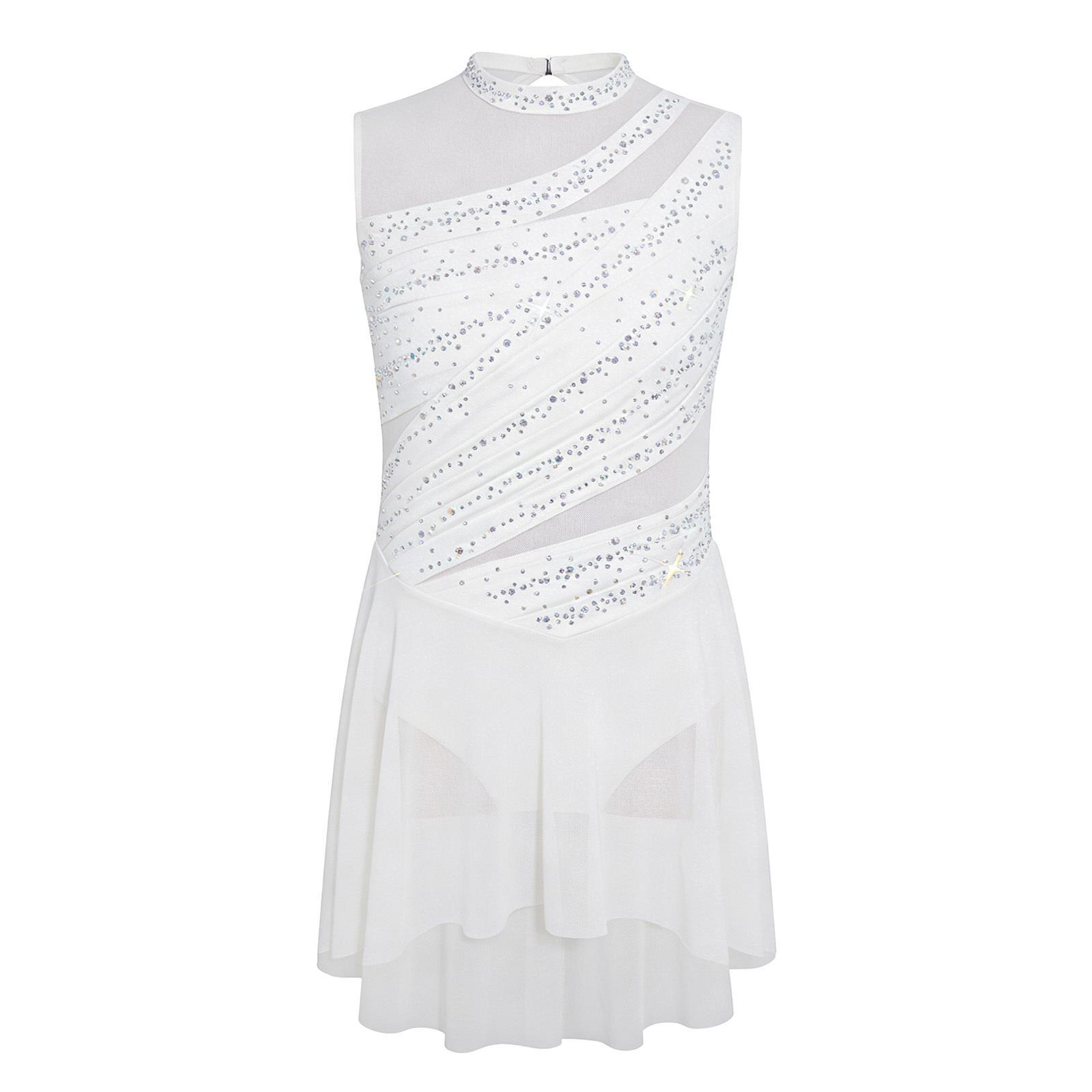 Mädchen Lyrical Tanzkleid Ärmellos Cut-Out Rücken Netzstoff-Patchwork Hoher Niedriger Saum Raffung Strassstein Kostüm 5-6 Years weiß