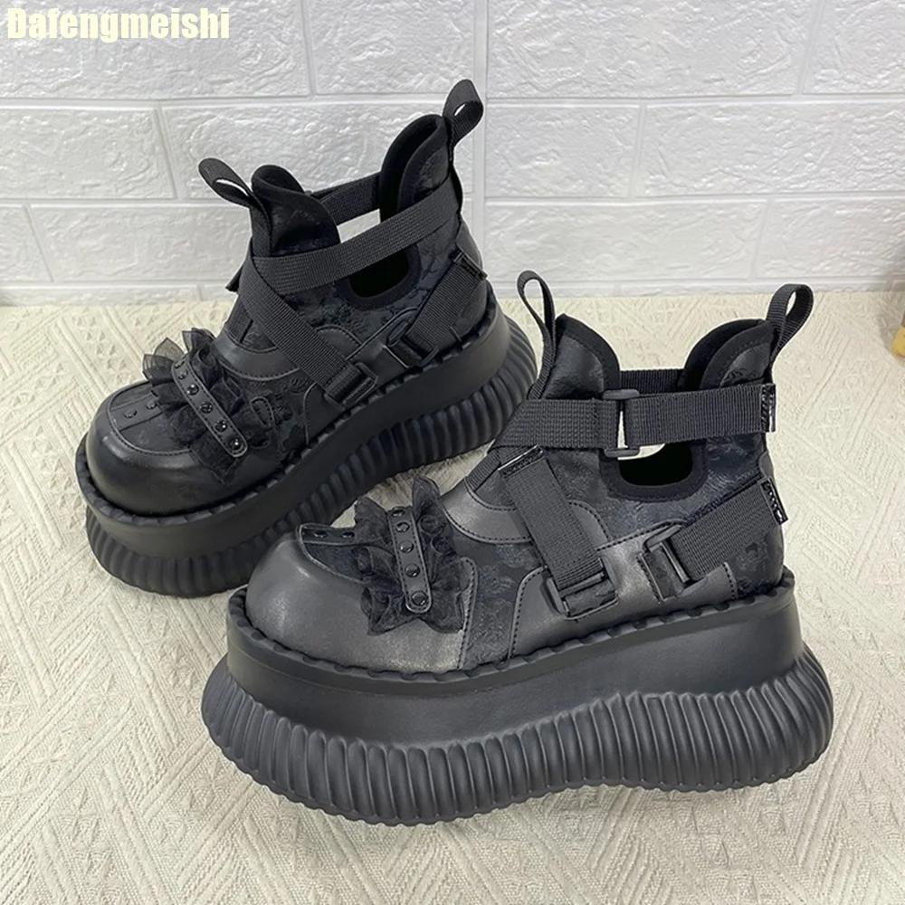 

Модные готические панк ботильоны на толстой подошве 8 см, короткие ботинки для женщин, 2025 New Rock, обувь с высоким верхом, милые крутые туфли с большой головой 40