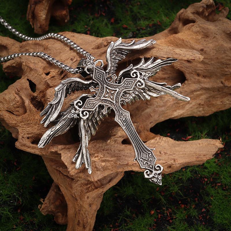 Retro Seraph Wings Cross Men s and Women s Wings Pendant Pendant Necklace 60CM(Necklace Long)