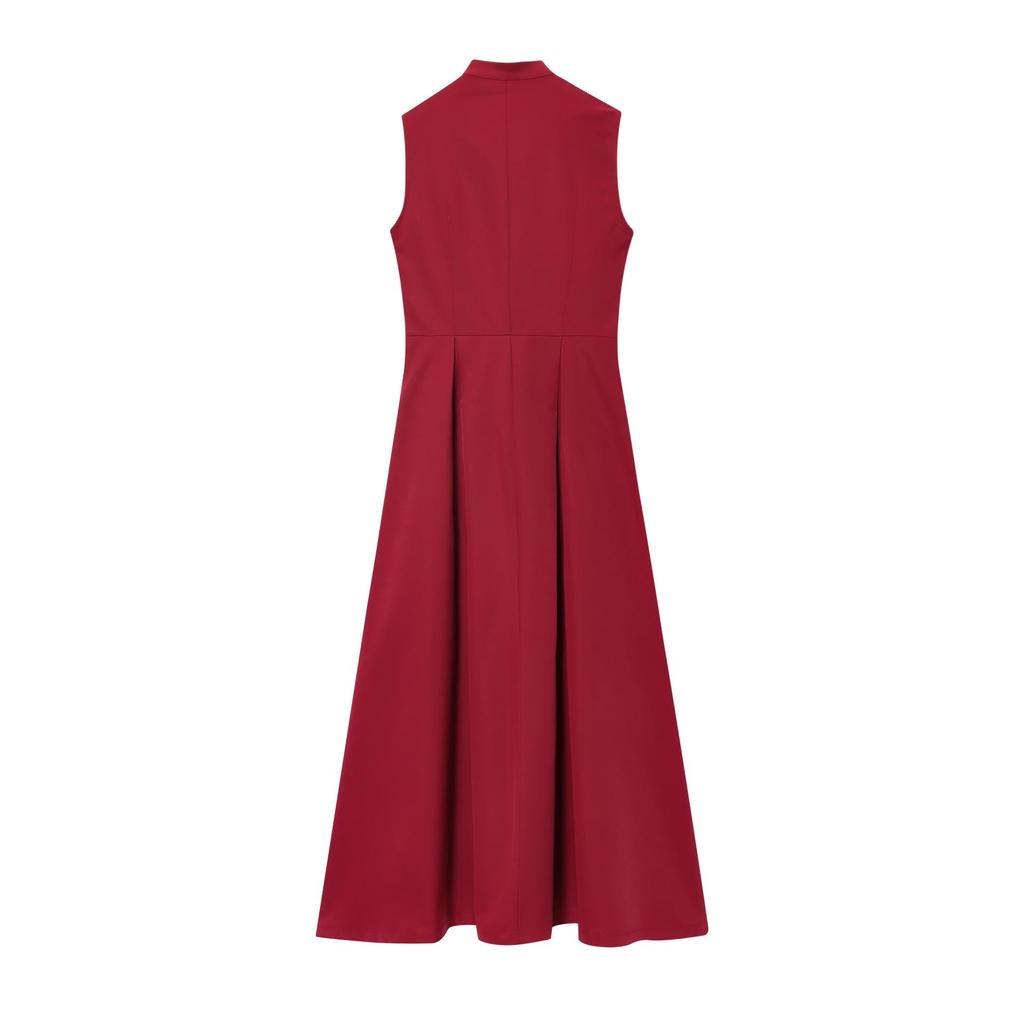 European-Style 2025 Spring Women's Sleeveless Waist-Hugging Round Neck Midi Dress