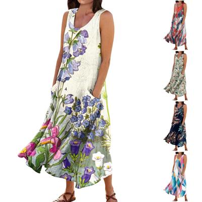 Women's Summer Loose Round Neck Flower Print Sleeveless Large Swing Dress With Pockets
