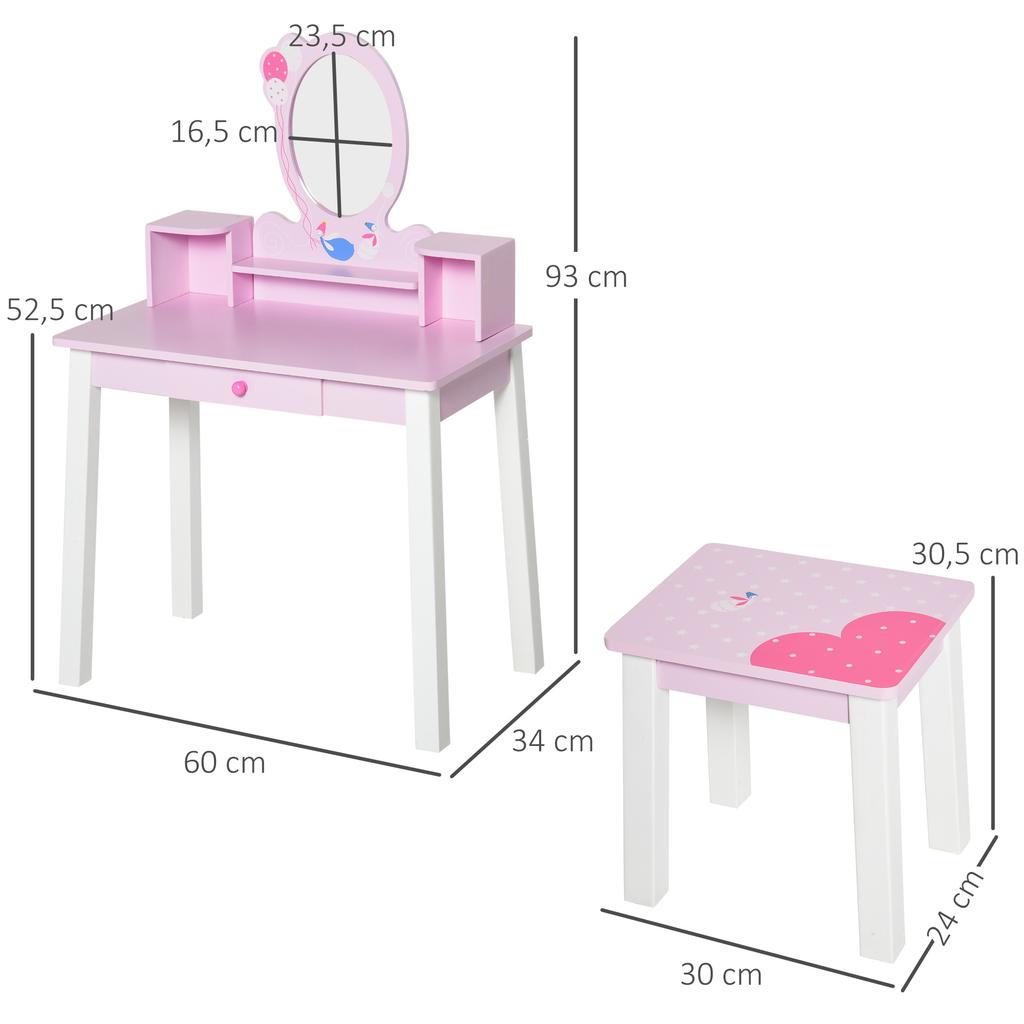 Kids Wooden Dressing Table and Stool Make Up Desk (Pink)