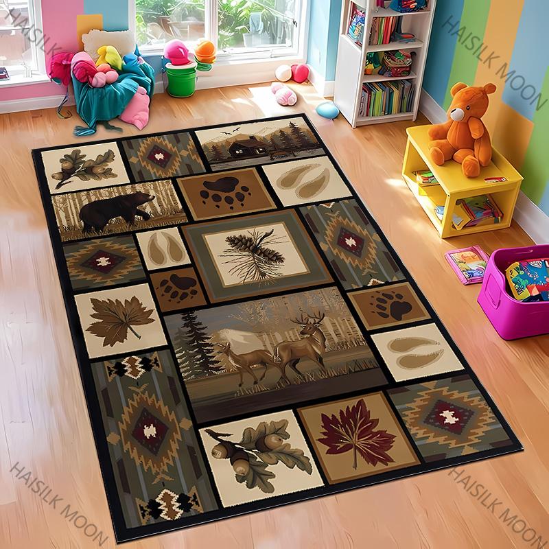 Dywan w stylu retro skandynawskim z motywem nadruku niedźwiedzia łosia, miękki dywan odpowiedni do jadalni, salonu, pokoju zabaw dla dzieci, mata podłogowa