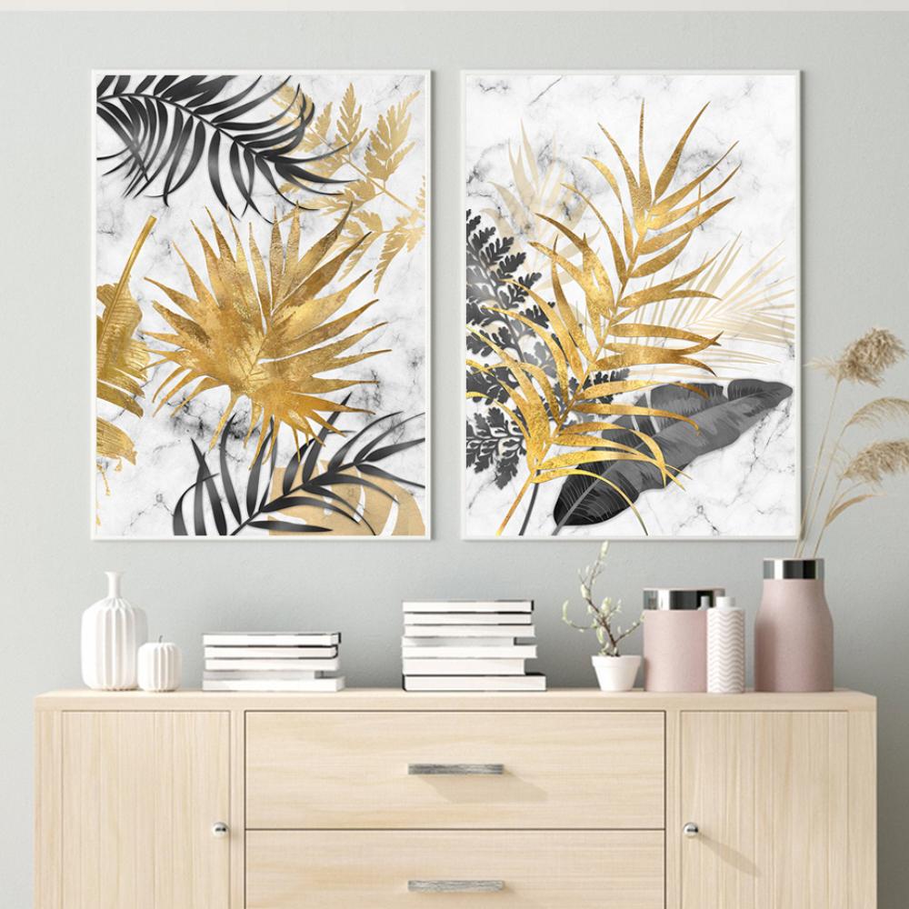 Golden Abstract Tropical Palm Leaf Canvas Paintings Modern Interior Home Wall Decor Art Posters Prints Pictures Cuadros No Frame