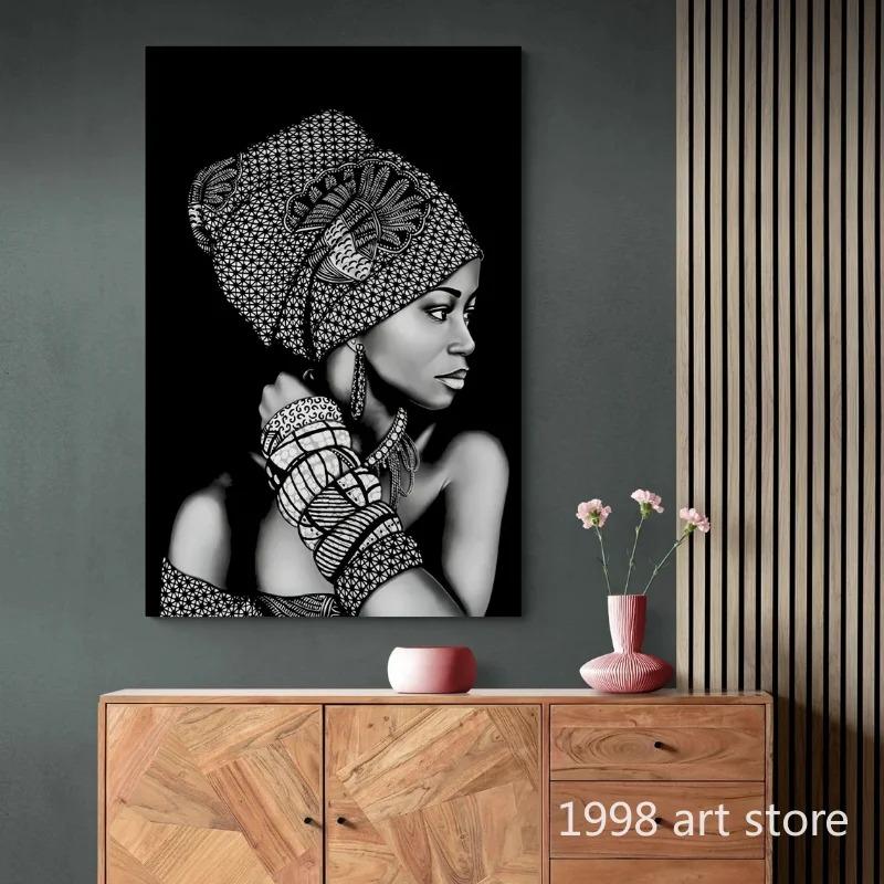 Beauty African Woman with Scarf Bracelet Necklace and Earring Art Poster Canvas Painting Wall Print Picture for Room Home Decor