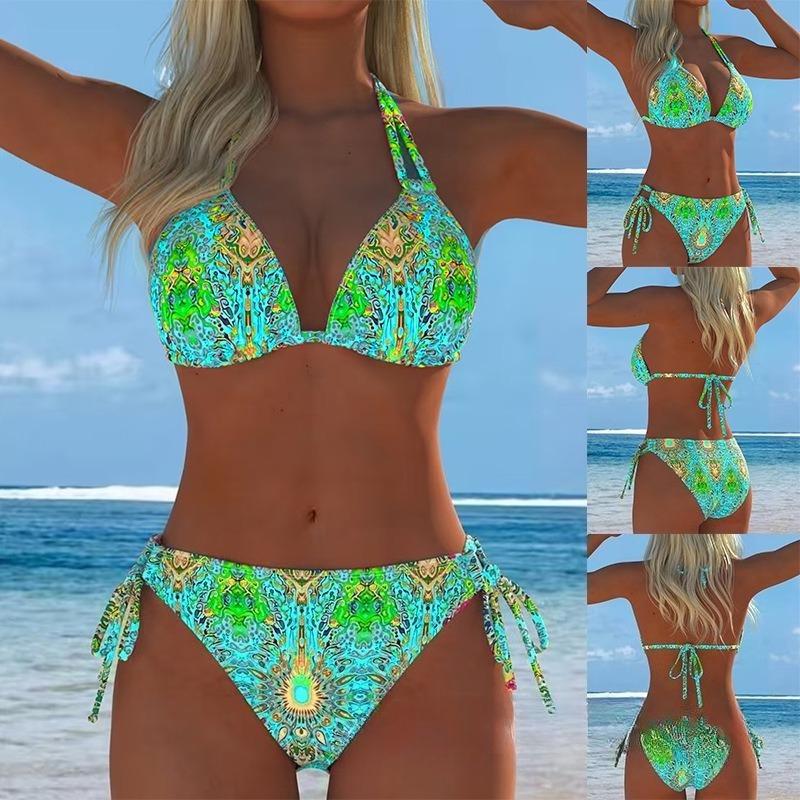 2026 New European and American Printed Bikini Split Swimsuit Women's Thin Lace-up Beach Fashion Swimsuit Suit