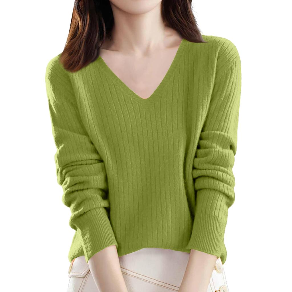 Women's Loose-Fit Knitted Base Layer Sweater V-Neck Pullover Long Sleeves Solid Colour