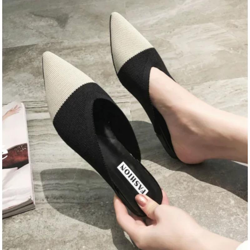 Women Mules Summer Knitting Pointed Women Half Slides Mules Loafers Casual Slipper Female Shoes Flat Sandals Size 35-43