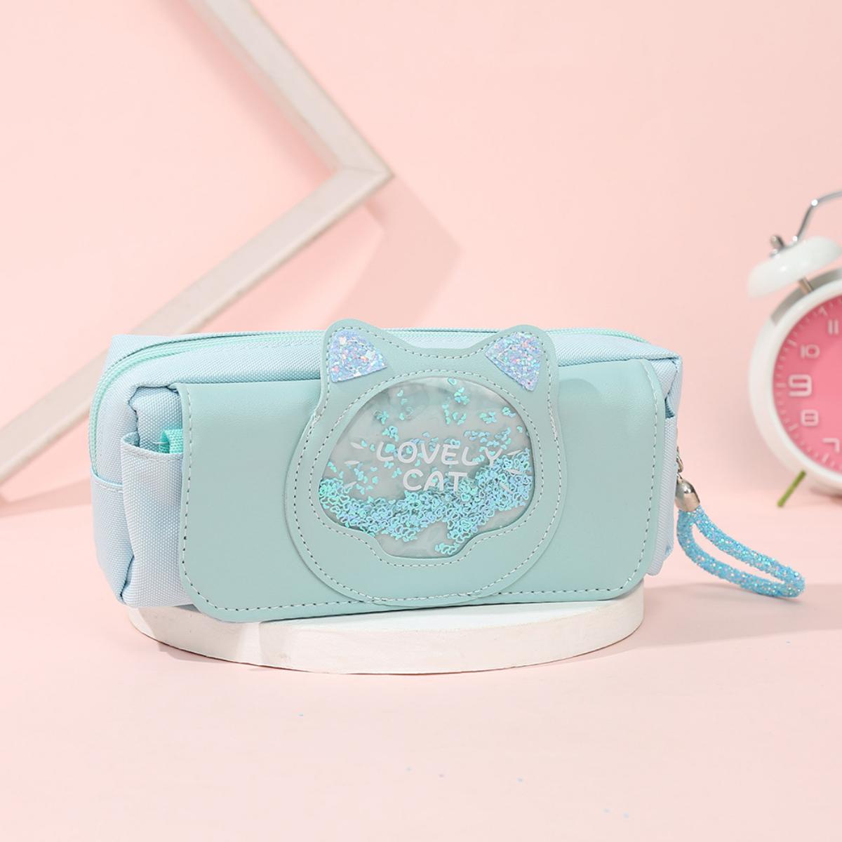 

Чехол-карандаш с зыбучим песком и котом, канцелярская сумка, холст, канцелярские принадлежности, милый пенал с котом, креативный трехслойный пенал синий