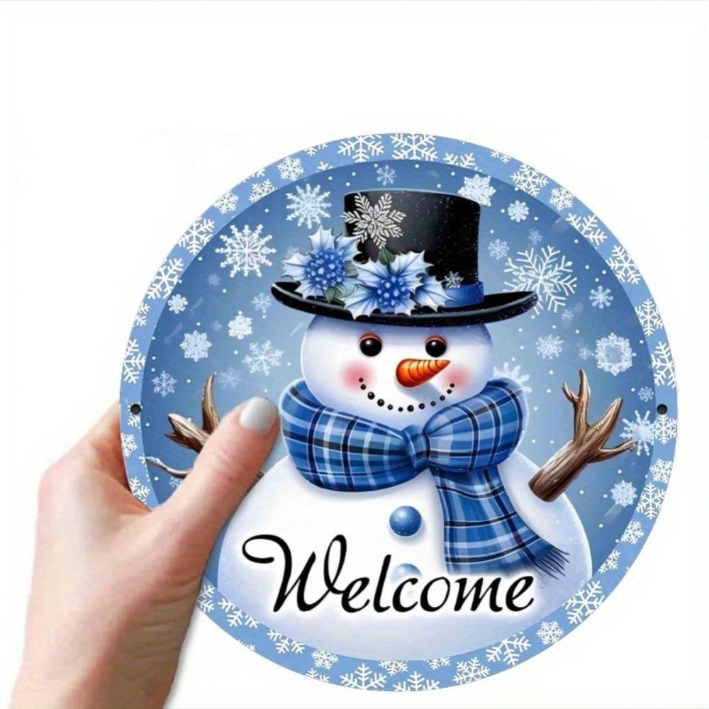 Snowman Iron Wall Art Round Metal Sign Outdoor Indoor Welcome Plaque Blue Decor 8 Inch Home Gift