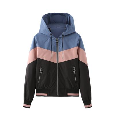 Women's Thin Trench Coat Women's Spring and Autumn Hooded Jacket Color Matching Drawstring Jacket