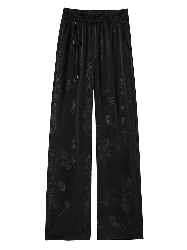 Dámské letní žakárové saténové ledově hedvábné kalhoty se širokými nohavicemi