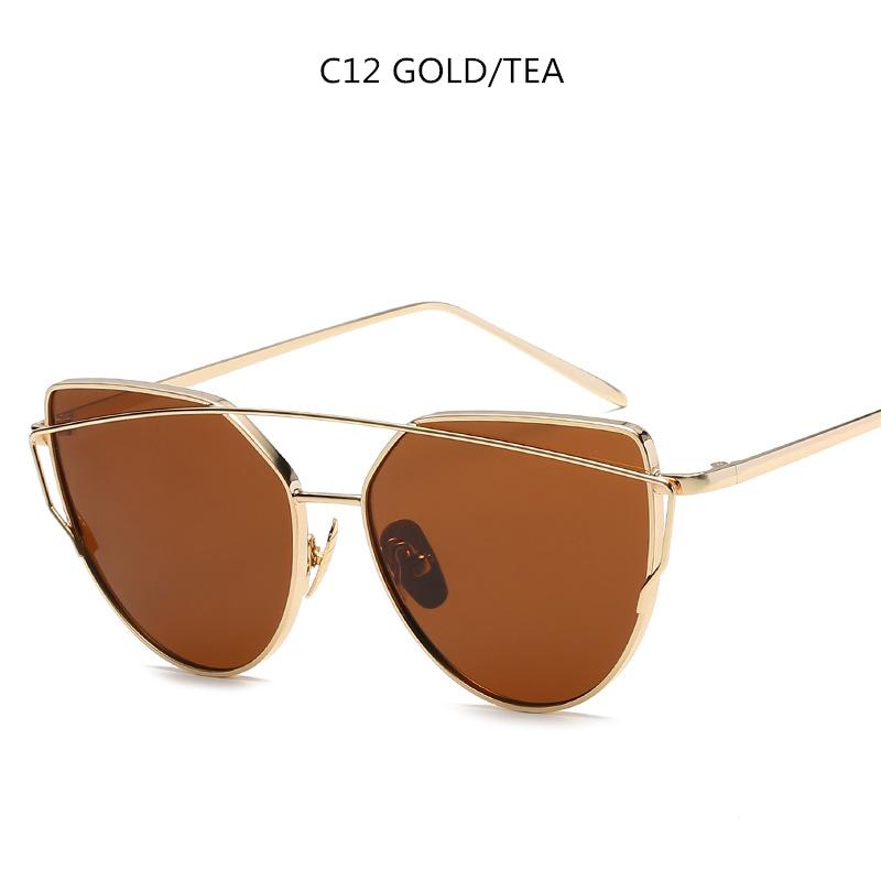 

New Cat Eye Vintage Brand Designer Gold Mirror Sunglasses For Women Metal Reflective Flat Lens Sun Glasses Uv400 Eyewear As the picture shown
