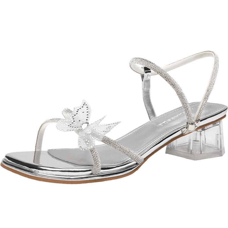 ZHR Women's Transparent Crystal Bow Chunky Heel Sandals