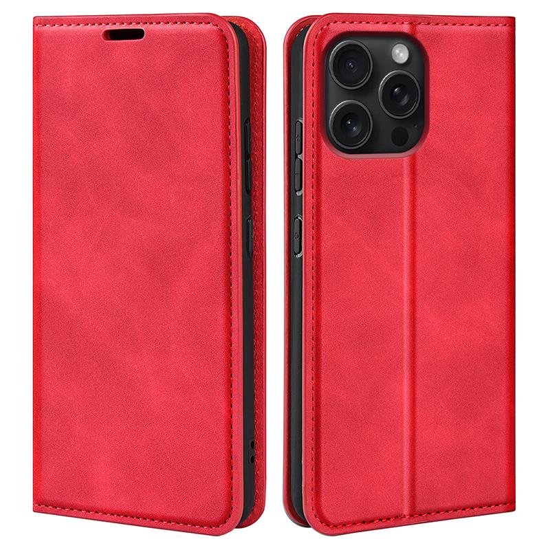 

For iPhone 16 Pro Case PU Leather Wallet Folio Flip Phone Cover Red