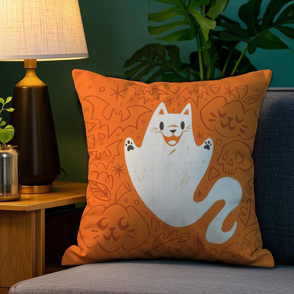 Halloween Cute Lively Orange Cat Pillow Case Plush Fabric Soft Double Sided Print Sofa Cushion Cover Throw Pillow Covers