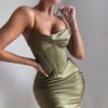 Elegant Satin Ruched Neck Strappy Long Dress