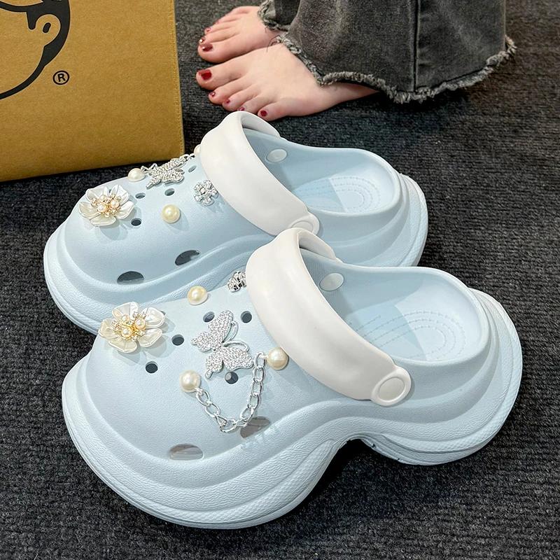 Fashion Lovely Girls Sky Blue Clogs Summer 2025 Thick Bottom Wedge Heels Sandals Wmen Chunky Platform Soft Eva Diy Cloud Slippers Shoes