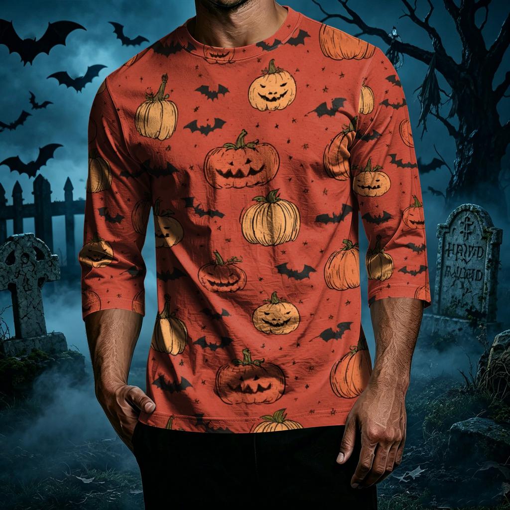 Men's Casual Halloween Pumpkin Print Raglan Sleeve T-Shirt Crew Neck Three Quarter Sleeve Top Lightweight Comfortable Fit