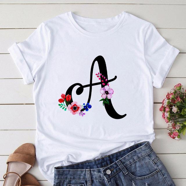 New Alphabet Print Women T Shirt Woman Harajuku Short Sleeve Tees Shirt Floral Letters T-Shirt Girl Summer Tee Top Femme Tshirt